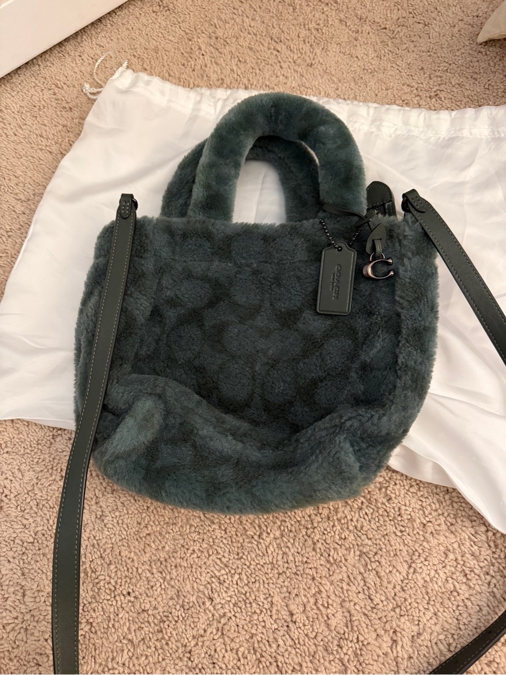 Coach Dark Green Shearling Mini Tote with Leather Strap